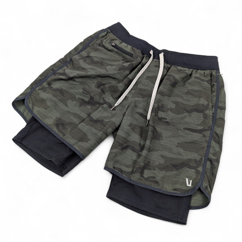 Vuori Men's Camo Green Athletic Shorts with Black Liner